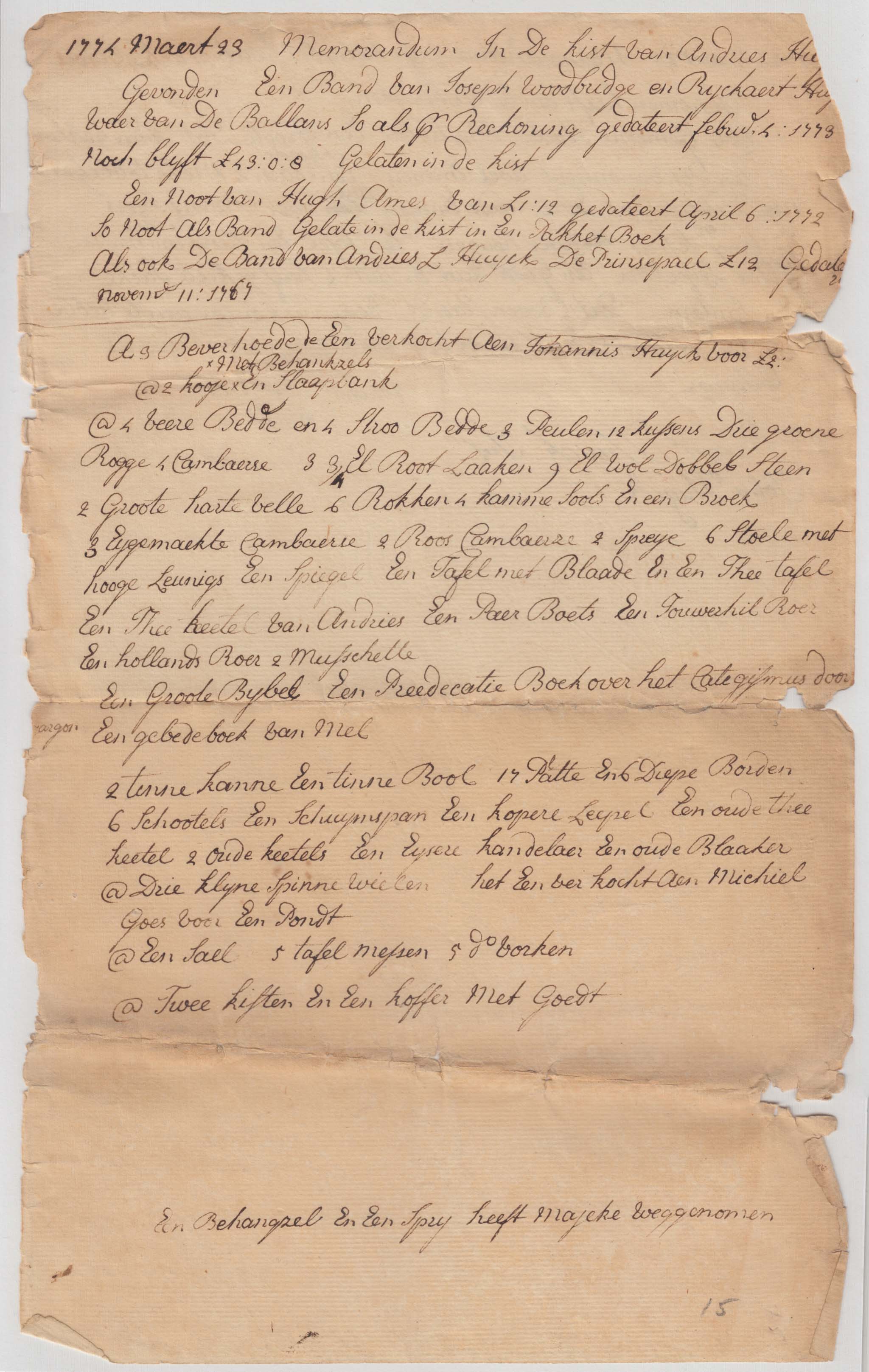 BH089, 1774-03-23 1774-03-23 Memorandum, Inventory and Distribution of Andries Burger Huyck's Estate